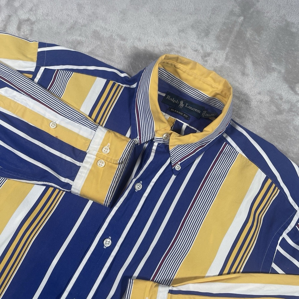 Vintage Ralph Lauren Shirt‎ Mens M Yellow Blue Striped Button Up Retro 90s